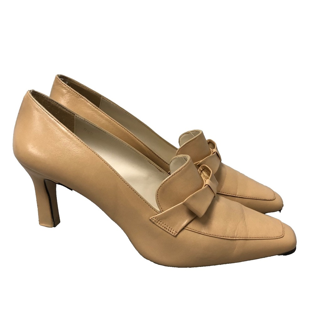 Vintage Apart Leather Pumps Womens 8.5 Beige Bow Square Toe Business Career